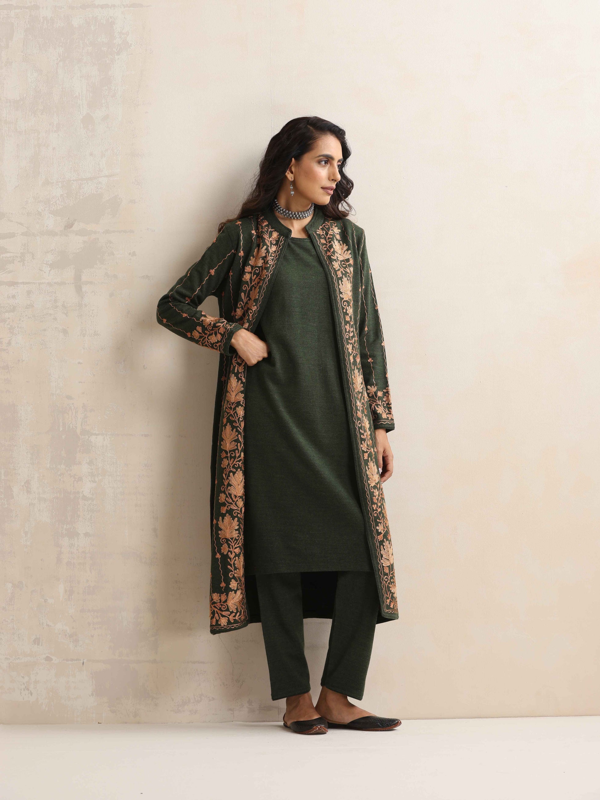 trueBrowns Green Kashmiri Woollen Jacket 3pc Set | Swadesiicart