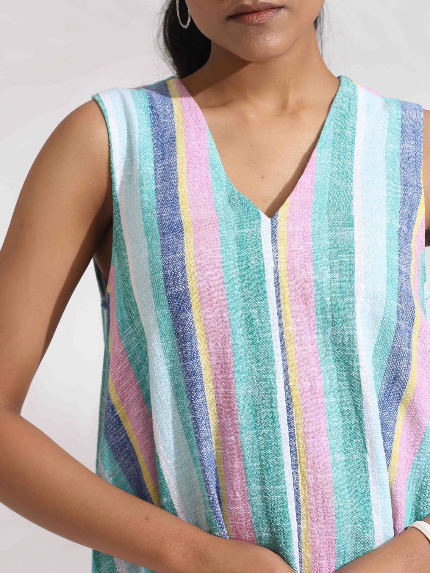 trueBrowns Green Cotton Multi Stripe Flared Dress | Swadesiicart