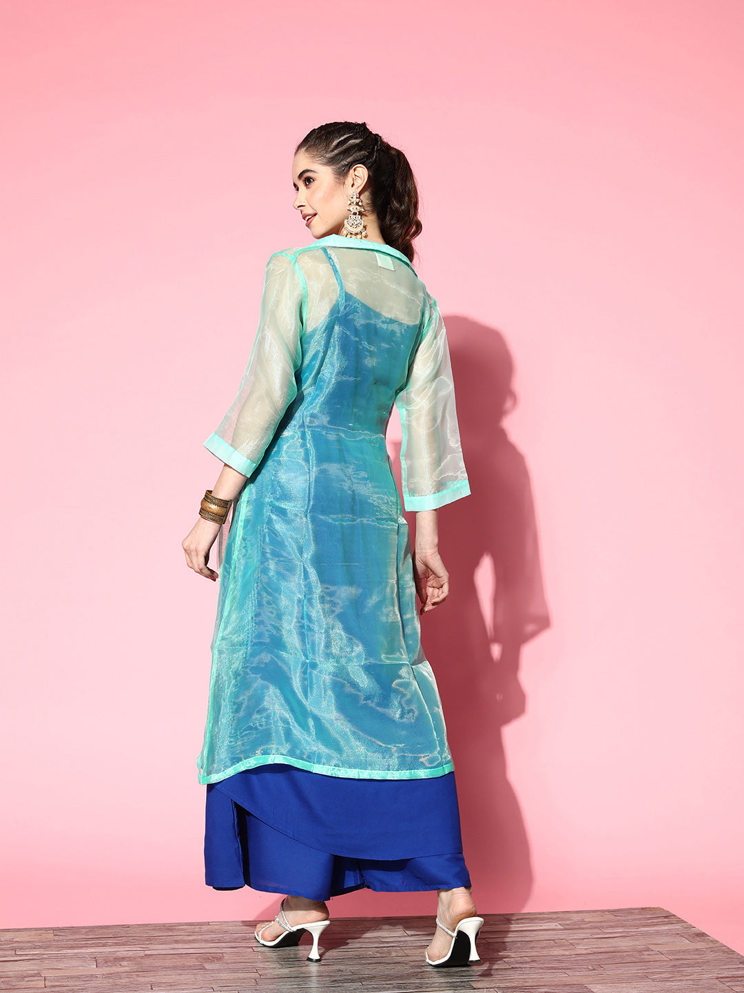 InWeave Women's Ink Blue Strappy Kurta Set With Teal Organza Cape - Swadesiicart