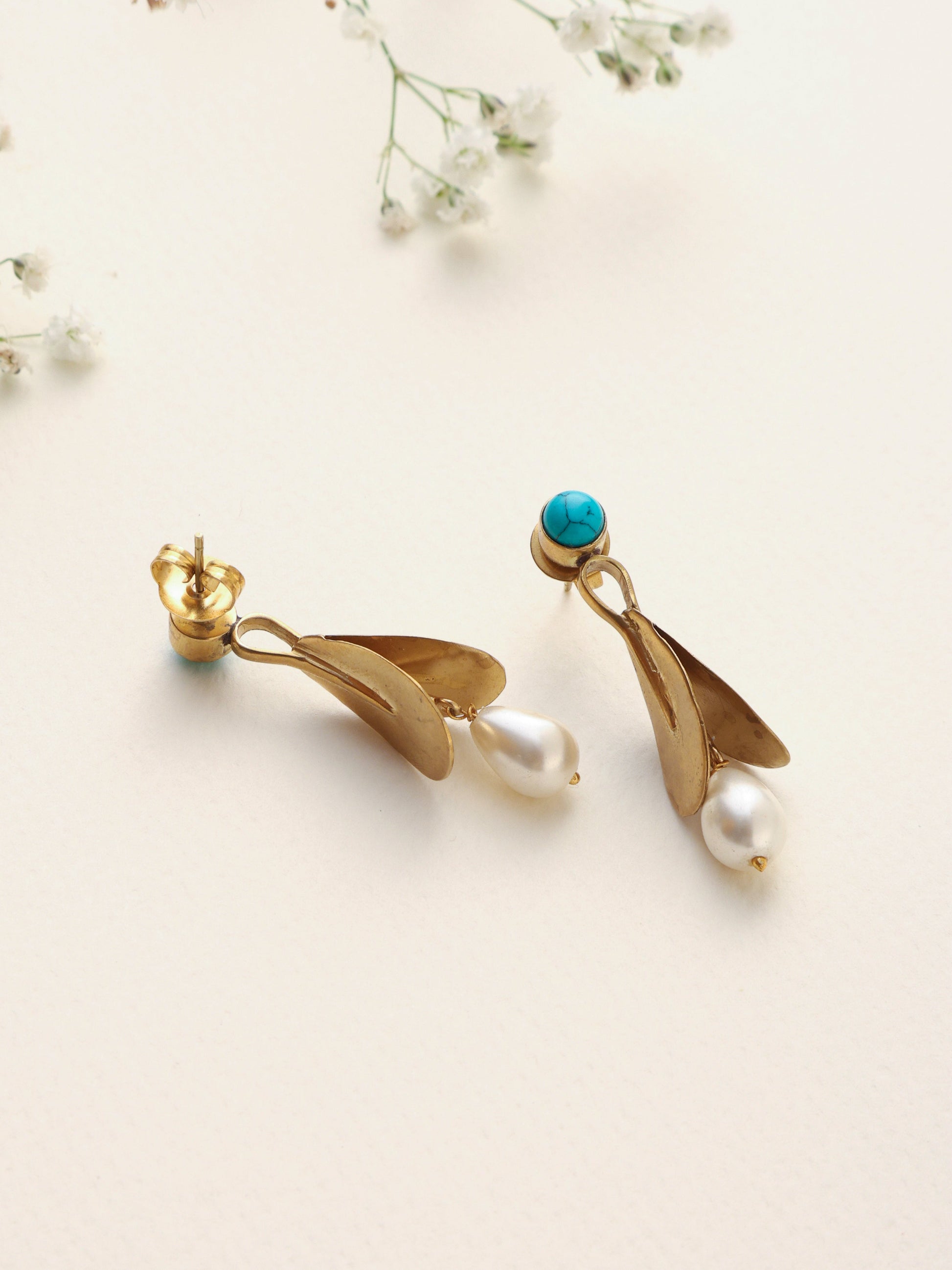 trueBrowns Brass Pearl Drop Earrings - Swadesiicart