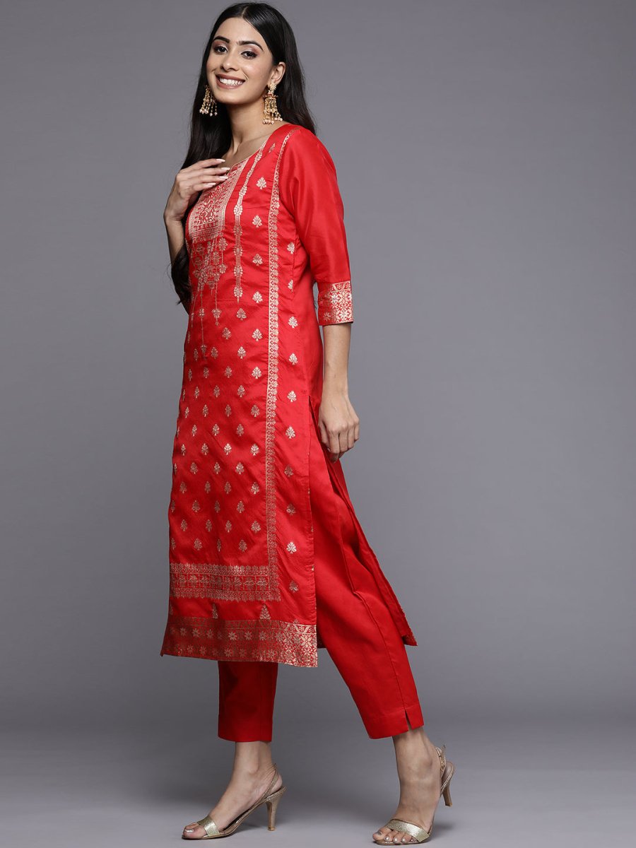 Ahalyaa Women Red Ethnic Motifs Kurta with Trousers | Swadesiicart
