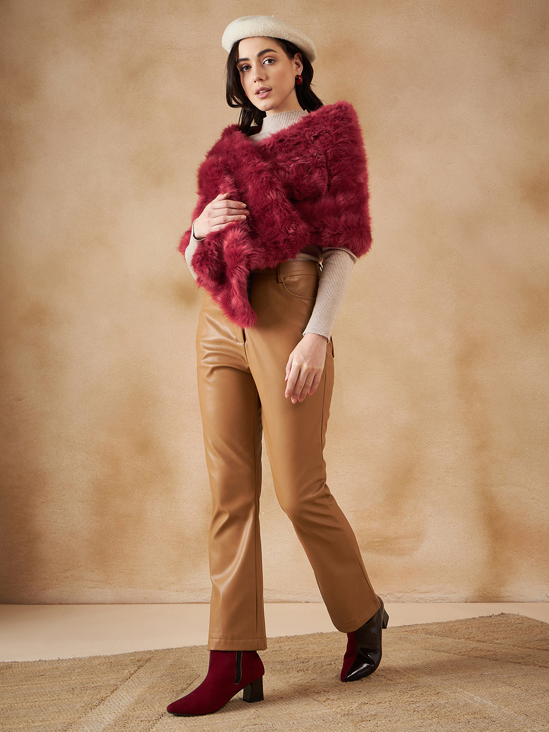 InWeave Women's Bright Rust Fur Cape - Swadesiicart