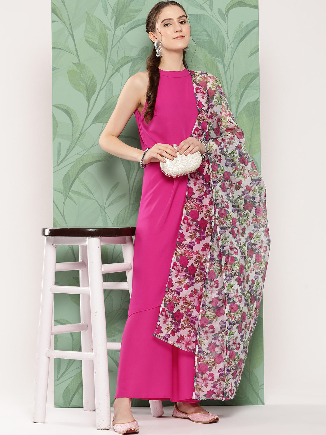 InWeave Women's Magenta Pleated Halter Kurta Palazzo Set W White Pink Or Dupatta - Swadesiicart