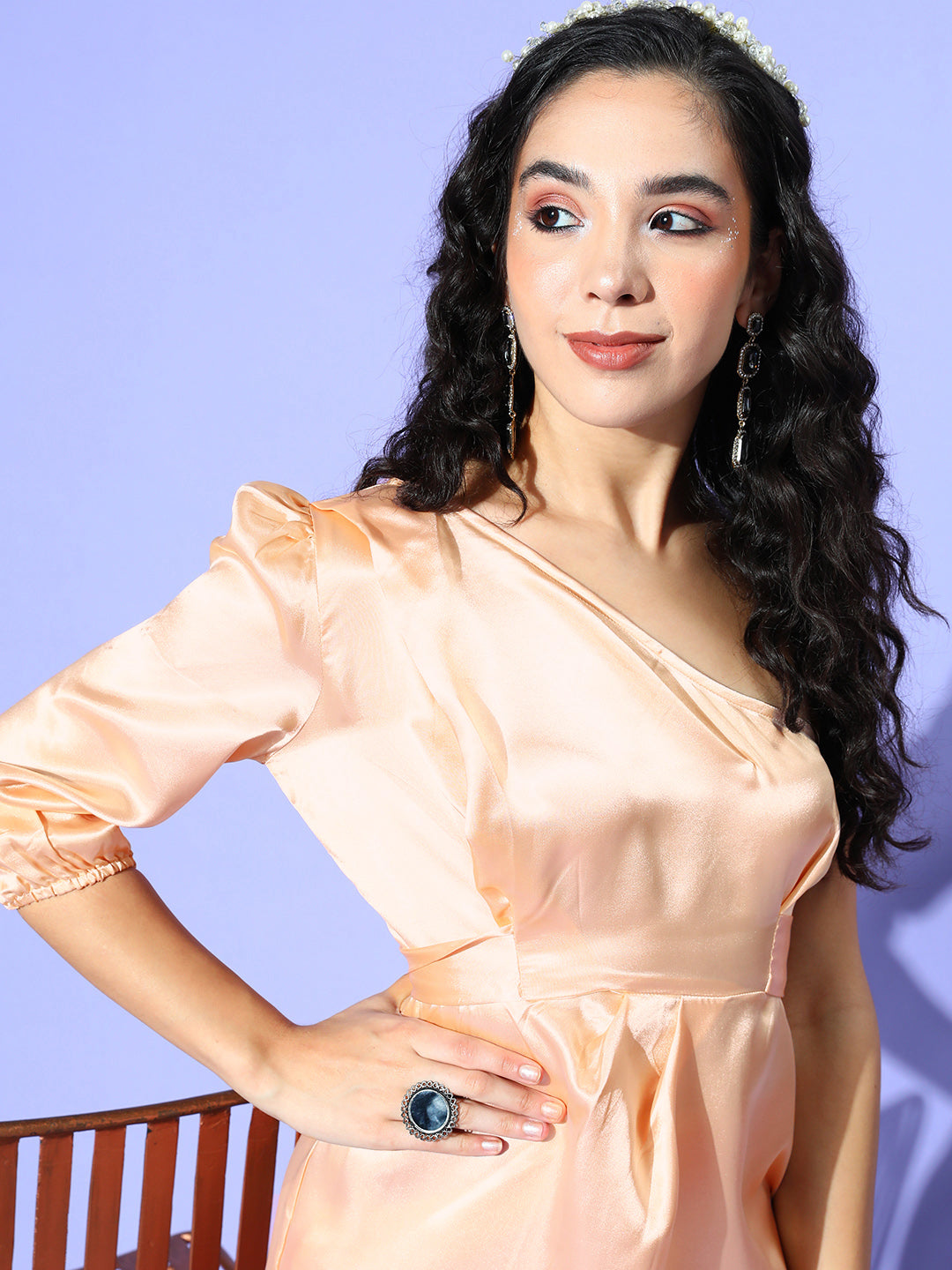 InWeave One Shoulder Satin Top In Peach Colour - Swadesiicart