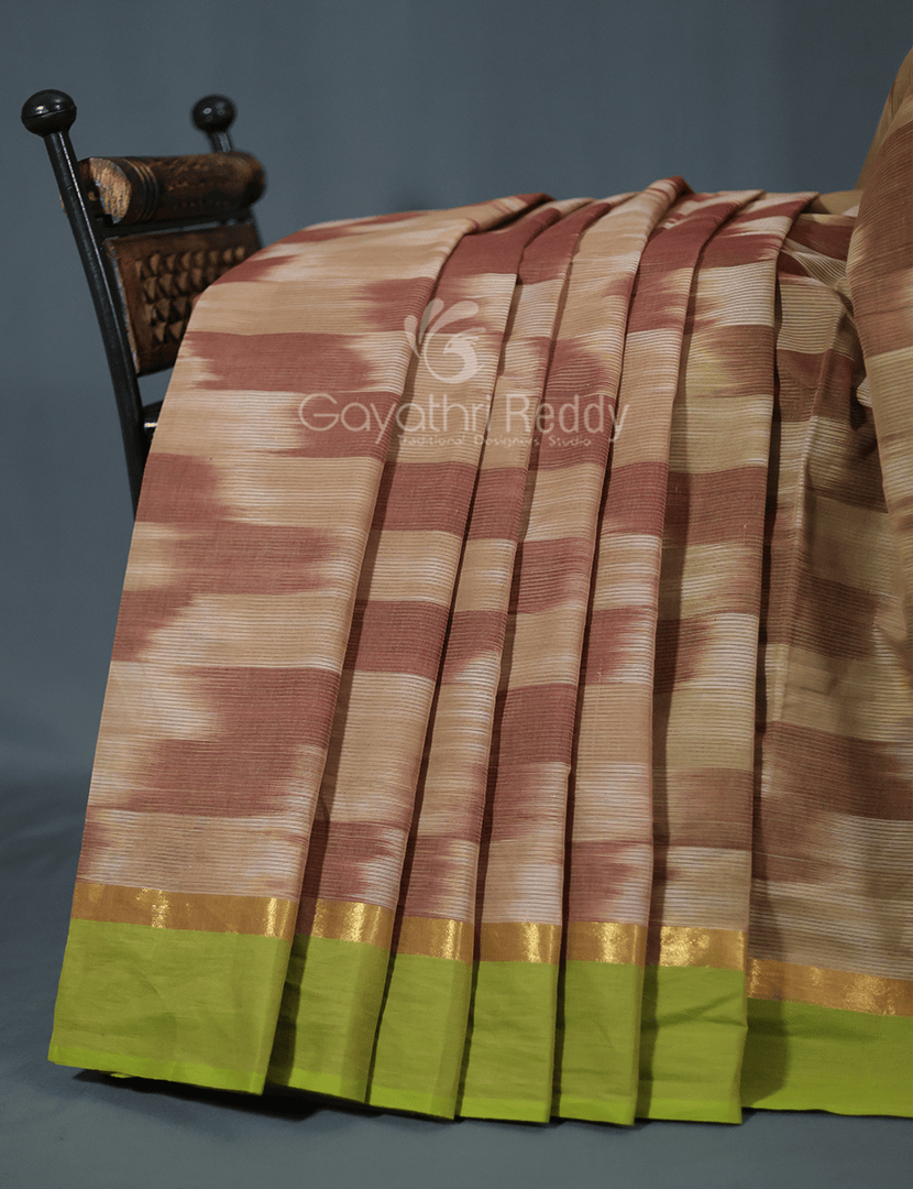 Dual Shades of Beige Mangalagiri Ikkat Cotton Saree By Gayathri Reddy Designer Studio | Swadesiicart