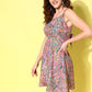 InWeave Women's Pink Floral Printed Back Tie Up Detail Strap Short Dress - Swadesiicart