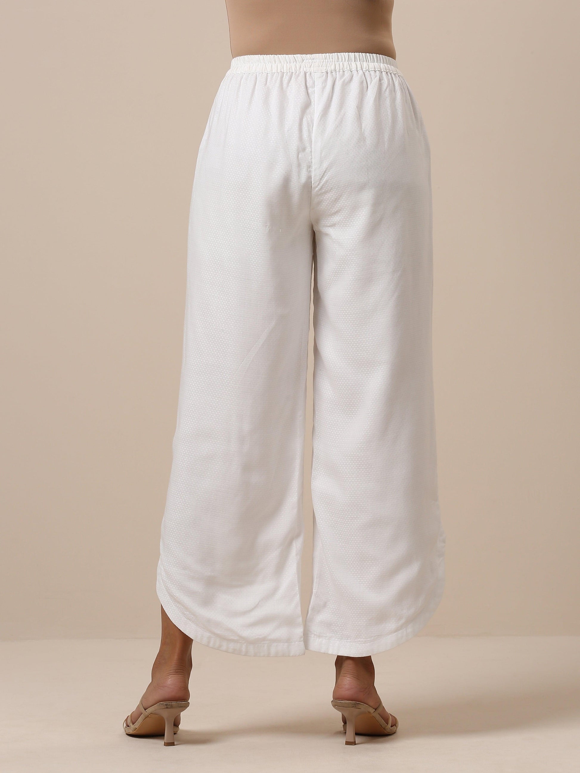 trueBrowns Cotton White Textured Curve Pant | Swadesiicart