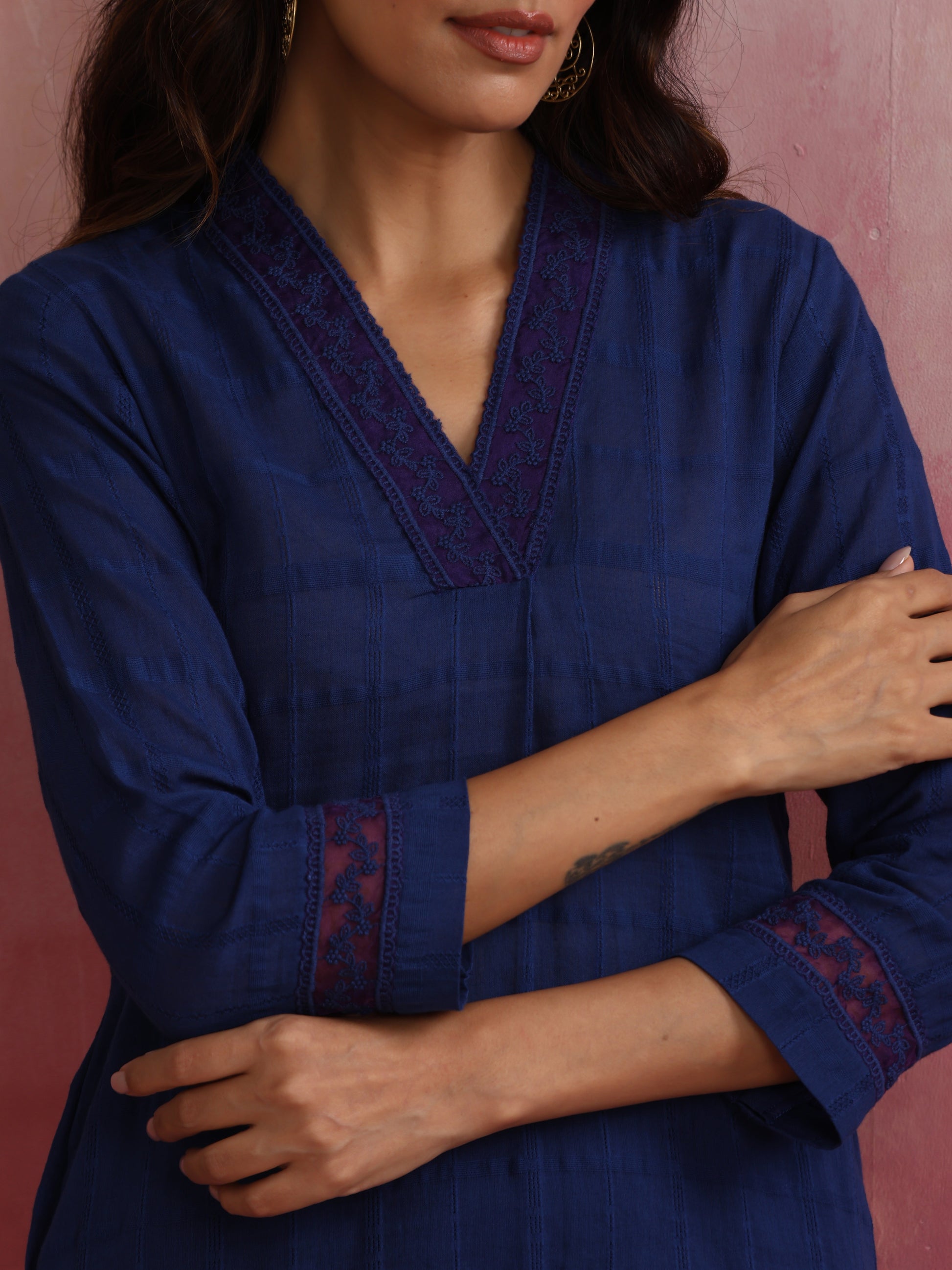trueBrowns Dark Blue Cotton Dobby Kurta Co-ord set - Swadesiicart