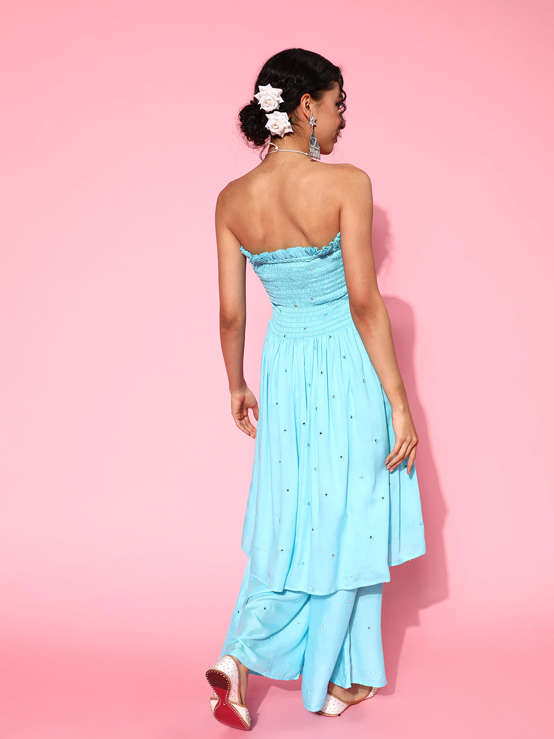InWeave Women's Sky Blue Mirror Work Off Shoulder Kurta Set - Swadesiicart