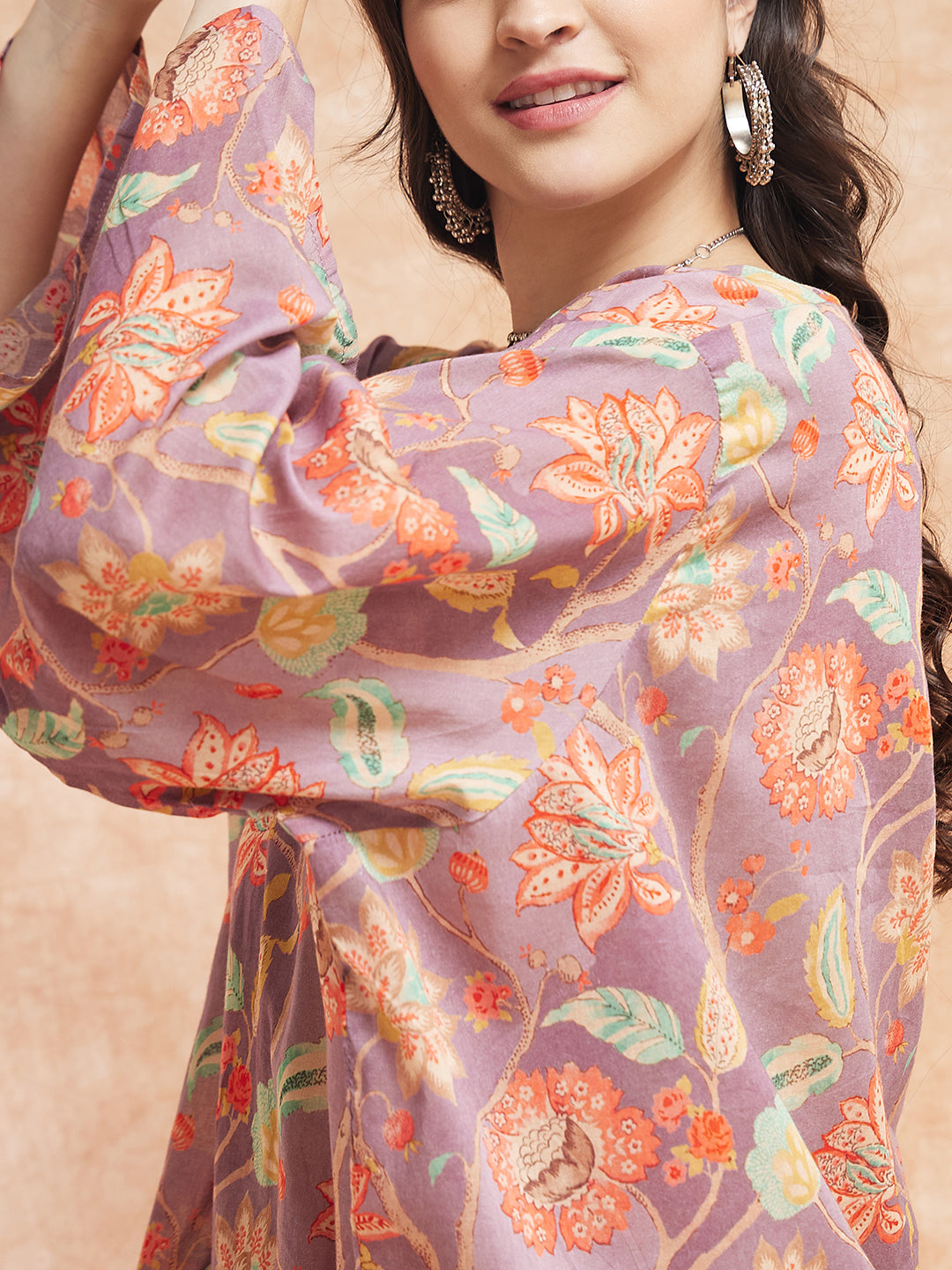 InWeave Women's Dove Grey Floral Digital Print Kaftan Boho Top - Swadesiicart