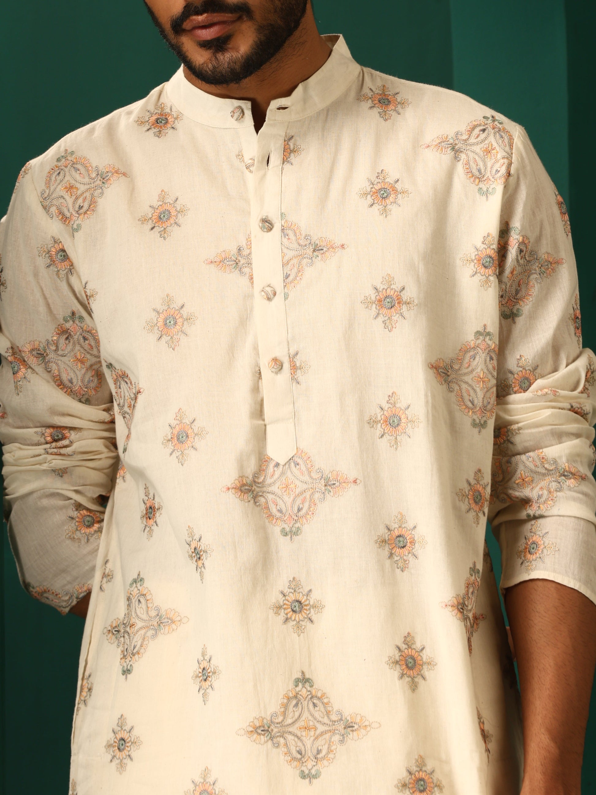 trueBrowns Men's Ivory Peach Cotton Kurta | Swadesiicart