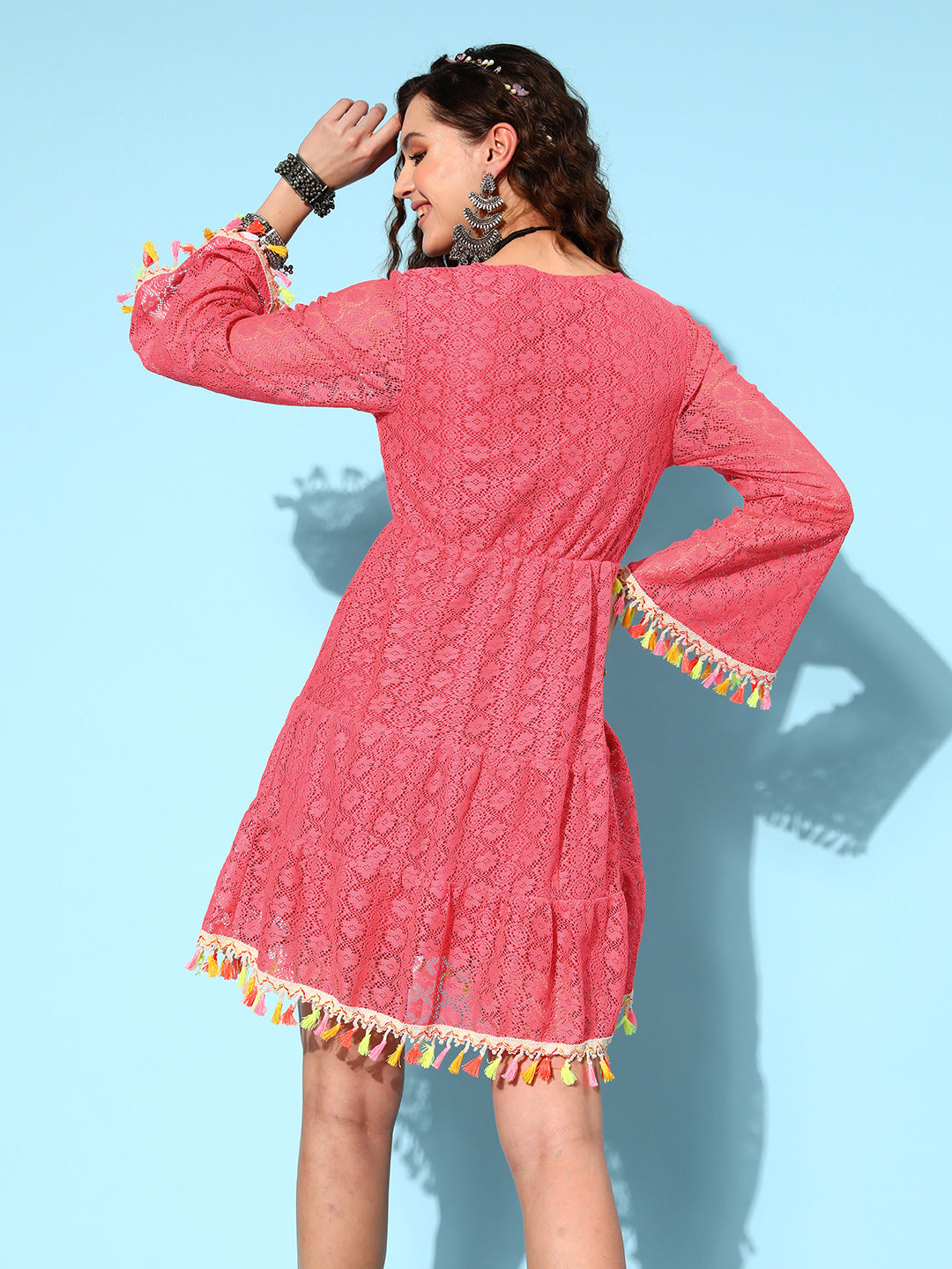 InWeave Women's Peach Lacy Dress With Tassels - Swadesiicart