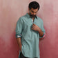trueBrowns Men's Aqua Blue Cotton Shirt Collar Stylized Kurta | Swadesiicart