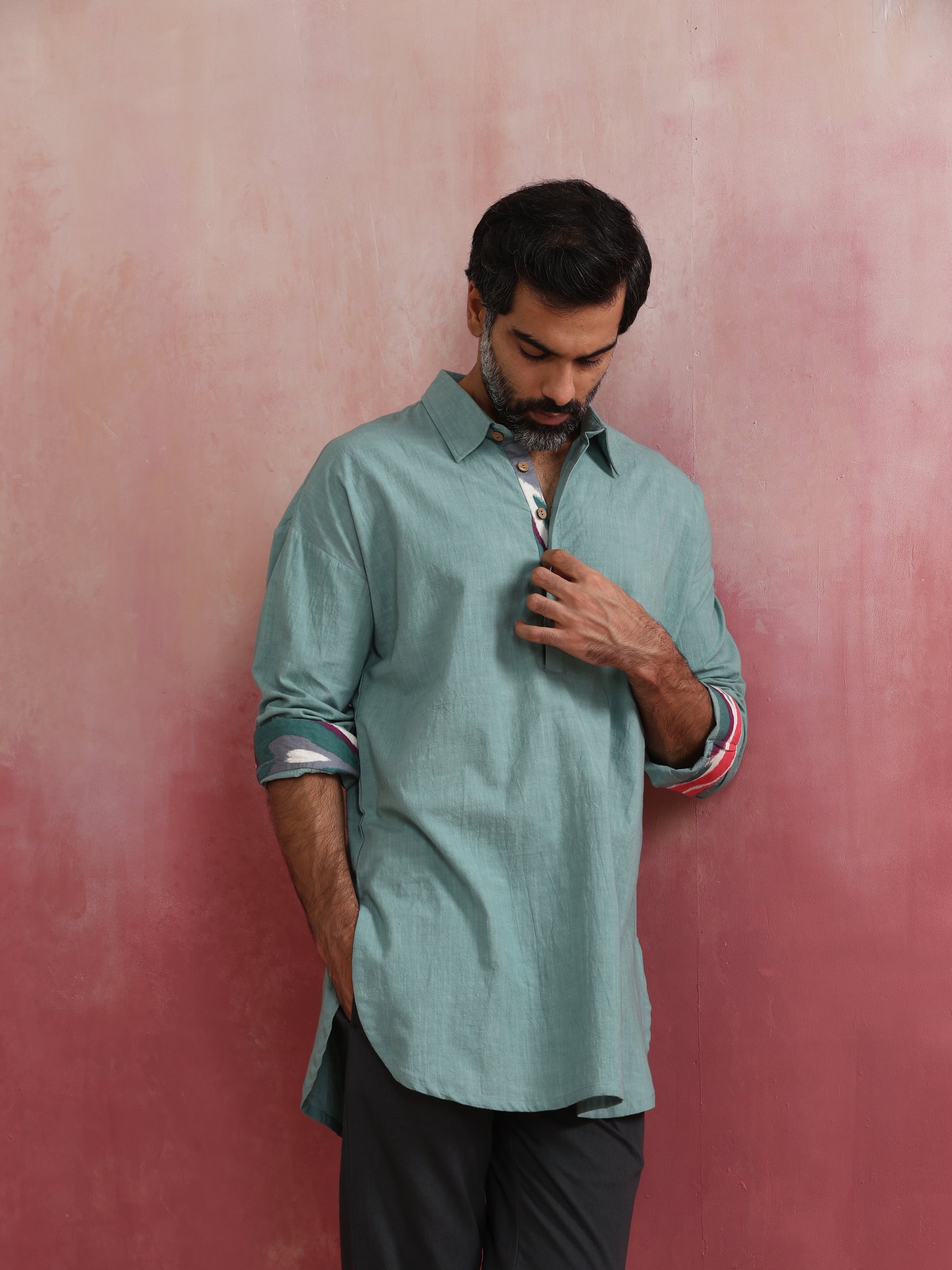 trueBrowns Men's Aqua Blue Cotton Shirt Collar Stylized Kurta | Swadesiicart