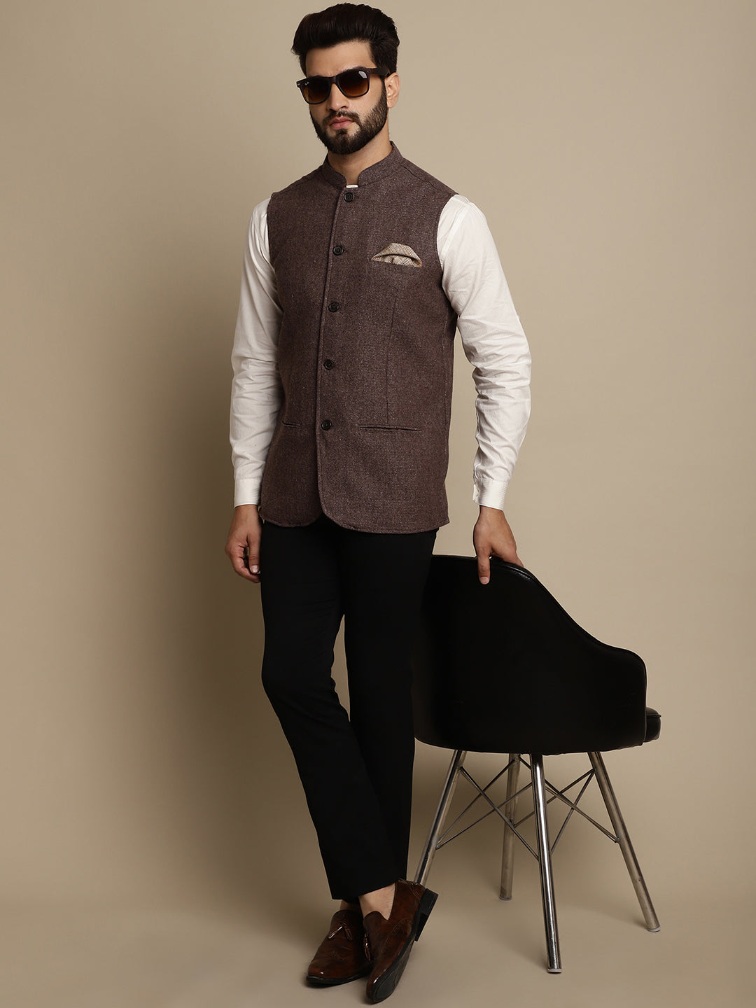 Even Apparels Men's Brown Mandarin Collar Waistcoat | Swadesiicart