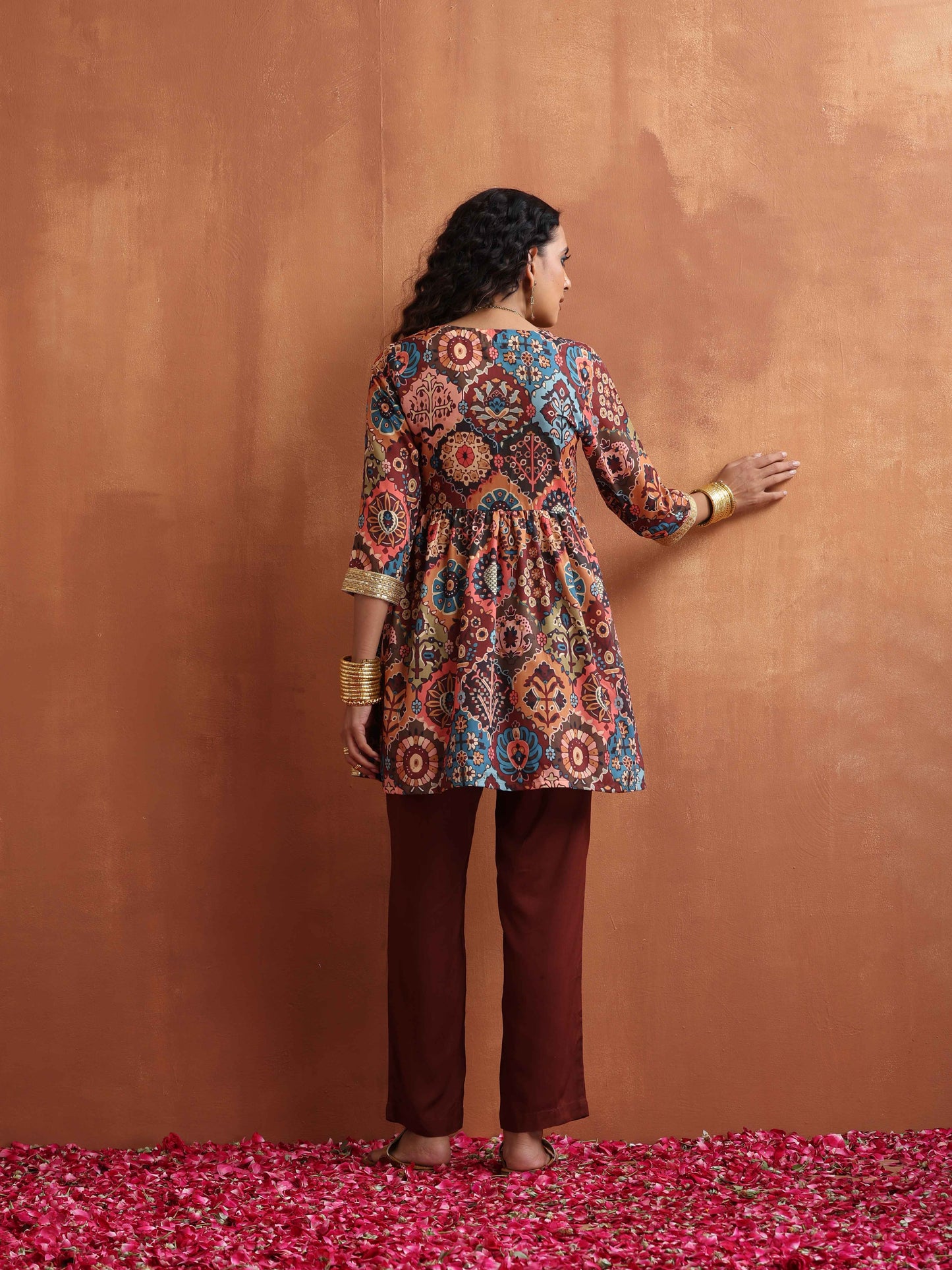 trueBrowns Brown Print Flared Co-ord Set - Swadesiicart
