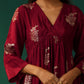 trueBrowns Maroon Floral Viscose Silk V-Neck Waist Gathered Kurta Pant Set | Swadesiicart
