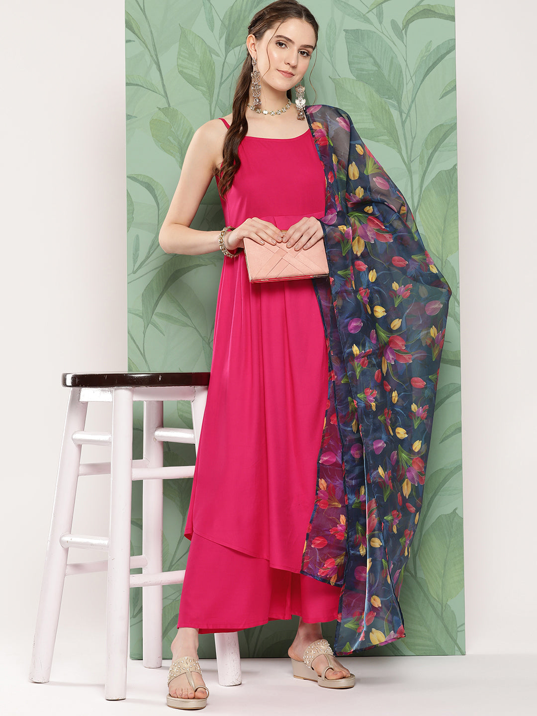 InWeave Women's Fuchsia Strappy Set W Navy Pink Or Dupatta - Swadesiicart