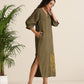 trueBrowns Olive Cotton Embroidered Dress | Swadesiicart
