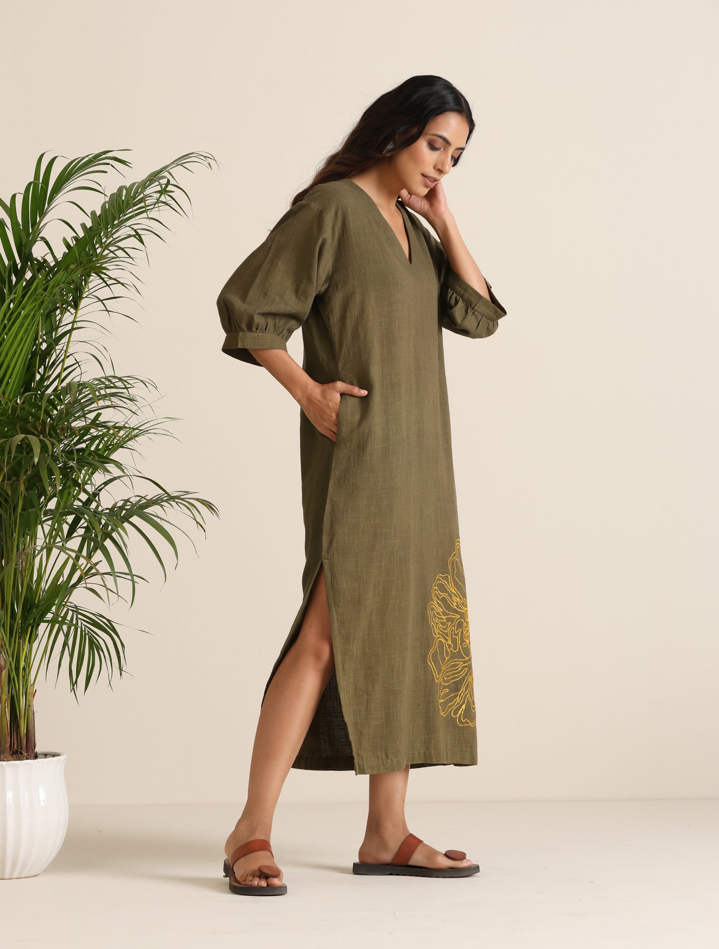 trueBrowns Olive Cotton Embroidered Dress | Swadesiicart