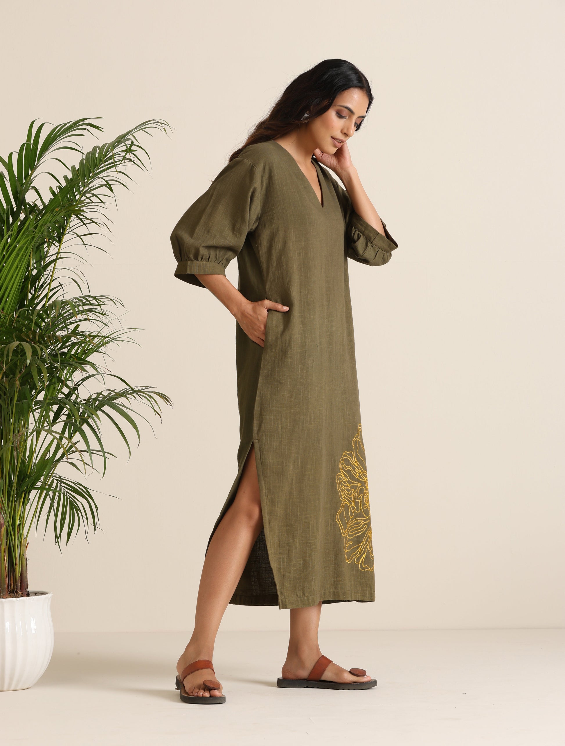 trueBrowns Olive Cotton Embroidered Dress | Swadesiicart