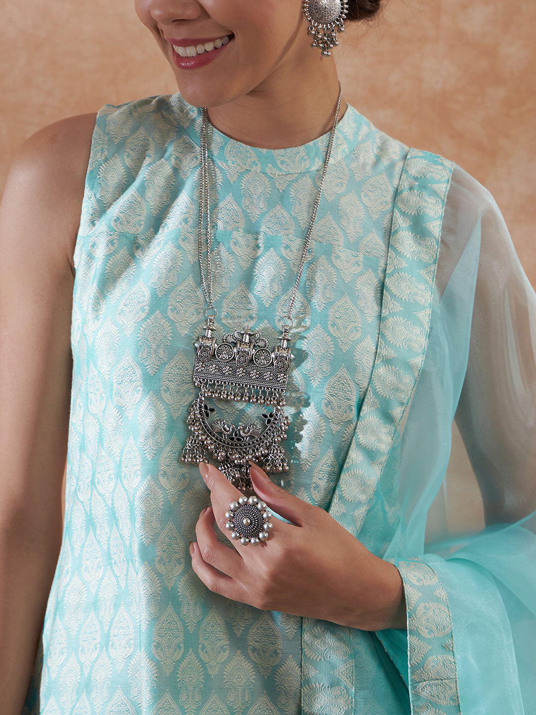 InWeave Women's Powder Blue Jacquard Halter Kurta Set W Powder Blue Or Dupatta - Swadesiicart