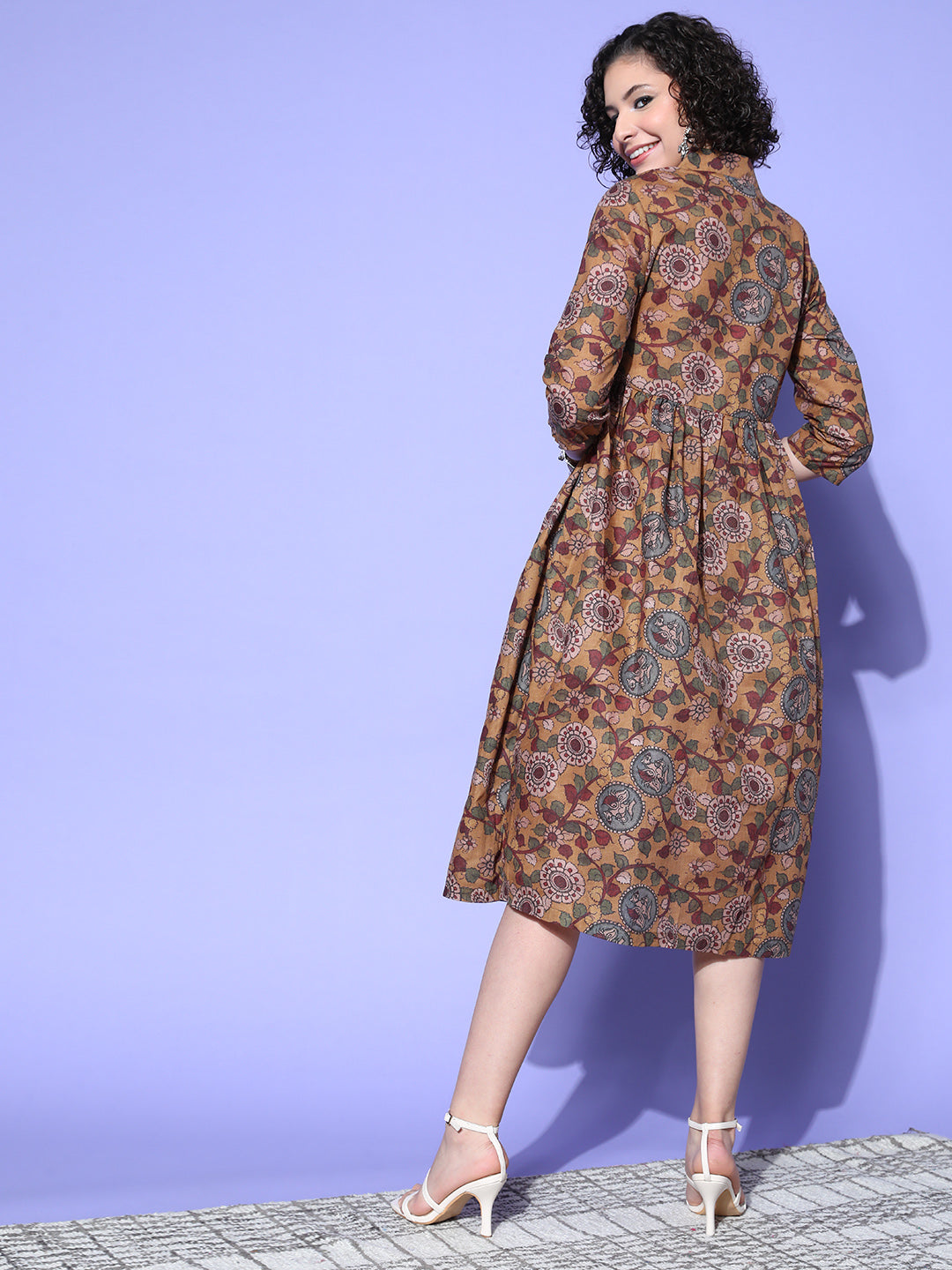 InWeave Women's Ochre Mustard Kalamkari Print Dress - Swadesiicart