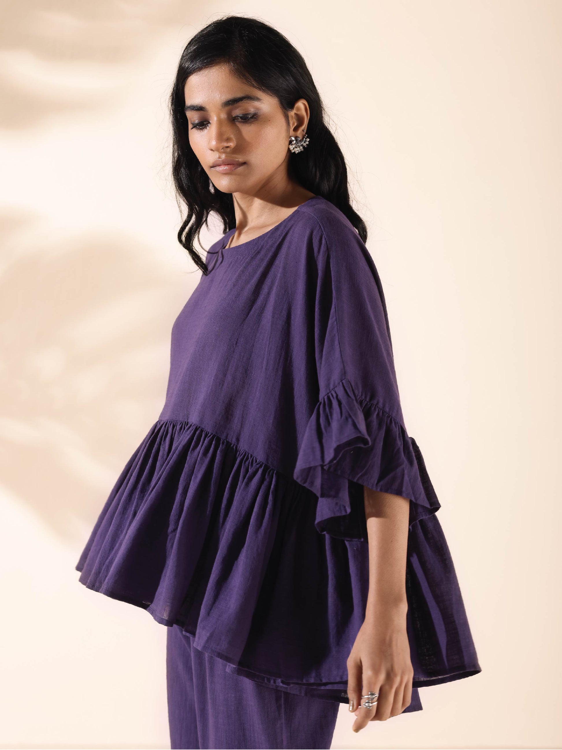 trueBrowns Purple Cotton Flared Co-ord Set - Swadesiicart