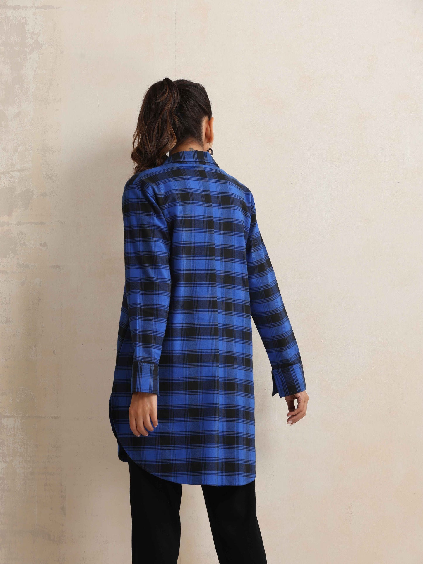 trueBrowns Blue Check Pleated Winter Top | Swadesiicart
