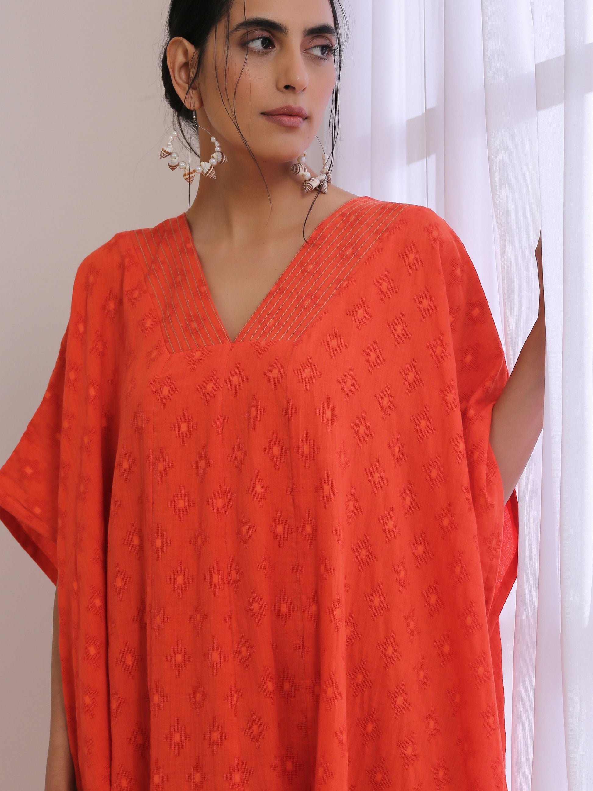 trueBrowns Orange Dobby Panel Kaftan Dress | Swadesiicart