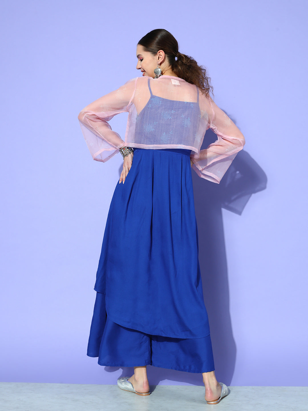 InWeave Women's Ink Blue Strappy Set With Pink Chintz Print Short Organza Cape - Swadesiicart
