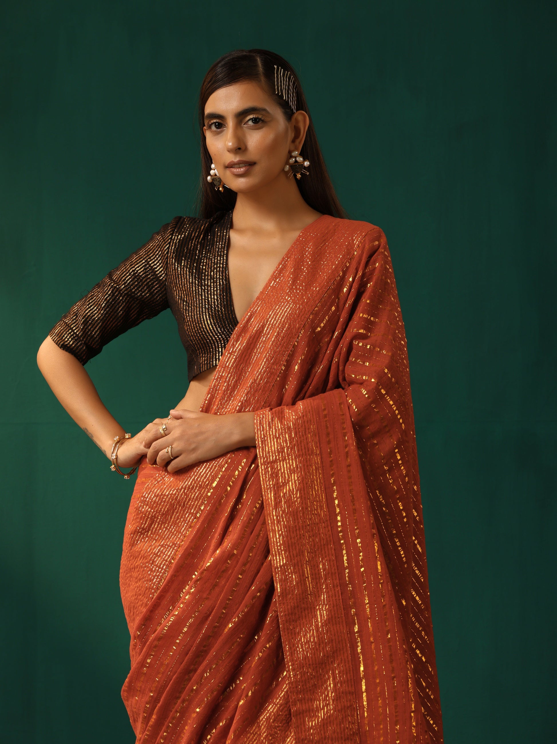 trueBrowns Rust Cotton Gold Lurex Striped Ready to Wear Saree | Swadesiicart