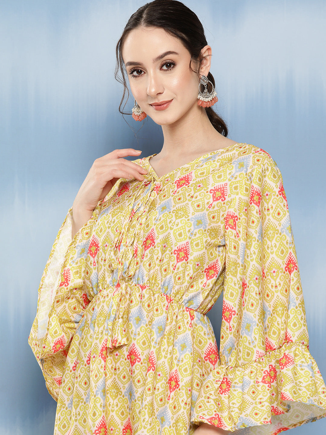 InWeave Women's Yellow Orange Ikkat Print Short Dress - Swadesiicart
