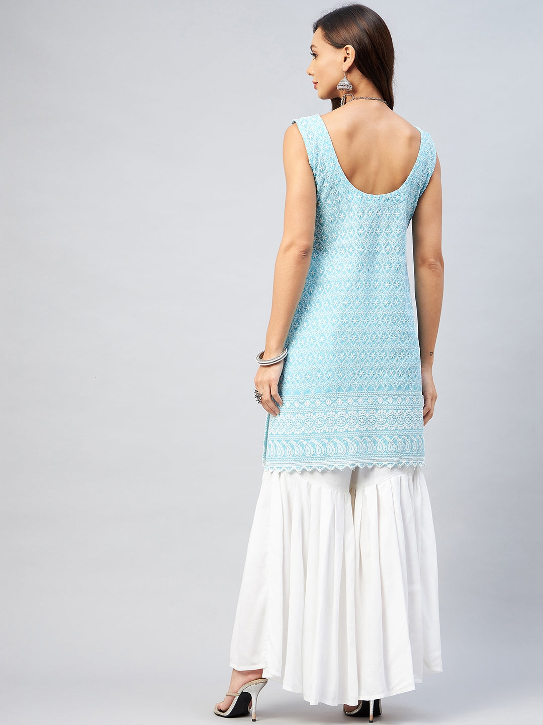 InWeave Women's Sky Blue Sweetheart Neckline Kurta - Swadesiicart