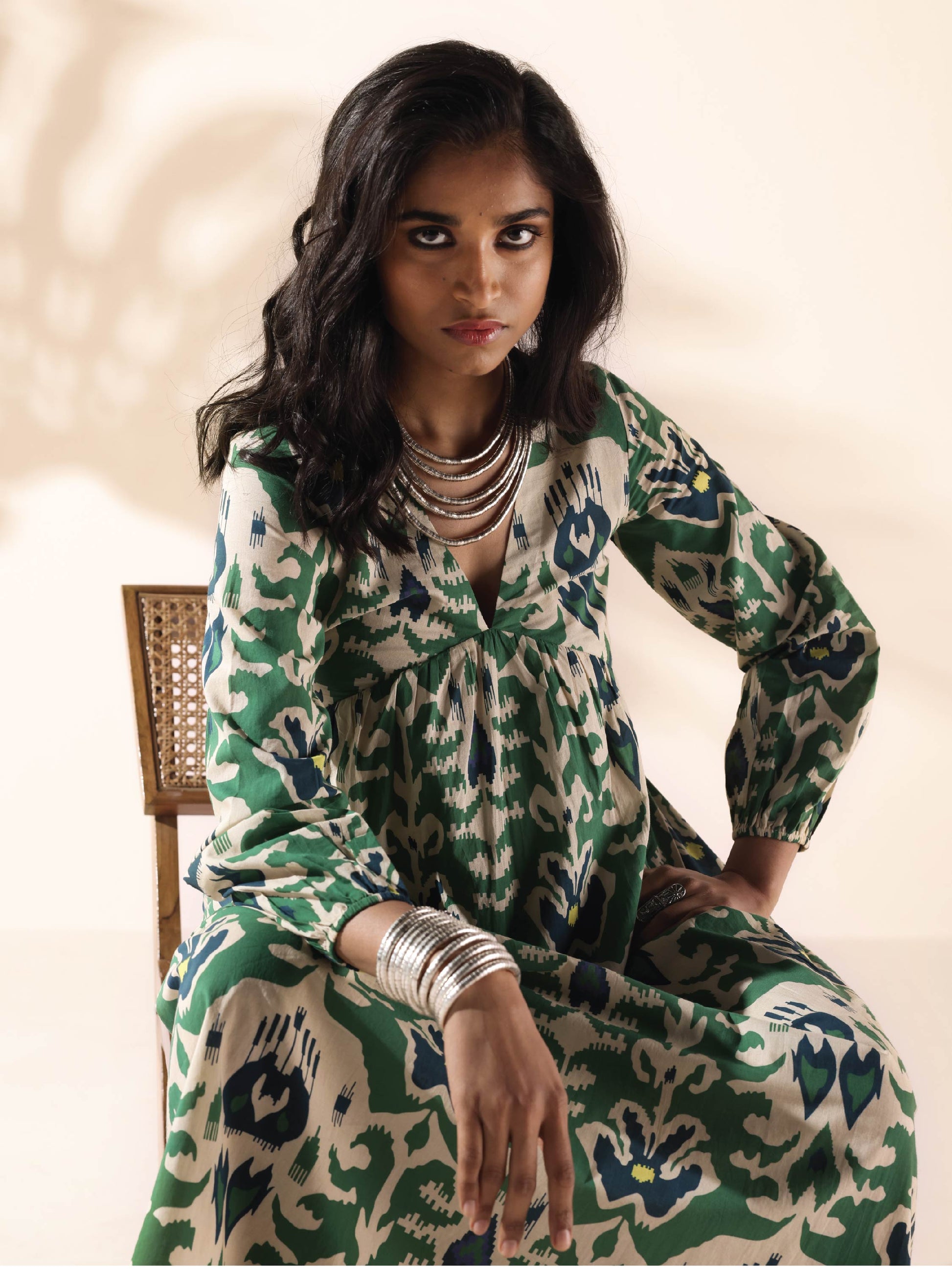 trueBrowns Green Cotton Ikat Flared Dress | Swadesiicart
