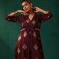trueBrowns Wine Geometric Viscose Silk V-Neck Front Slit Kurta Pant Set | Swadesiicart
