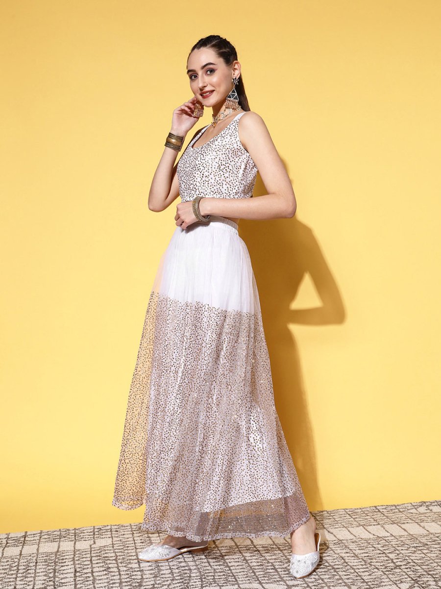 Ahalyaa White & Gold-Toned Printed Ready to Wear Lehenga & Blouse With Dupatta | Swadesiicart
