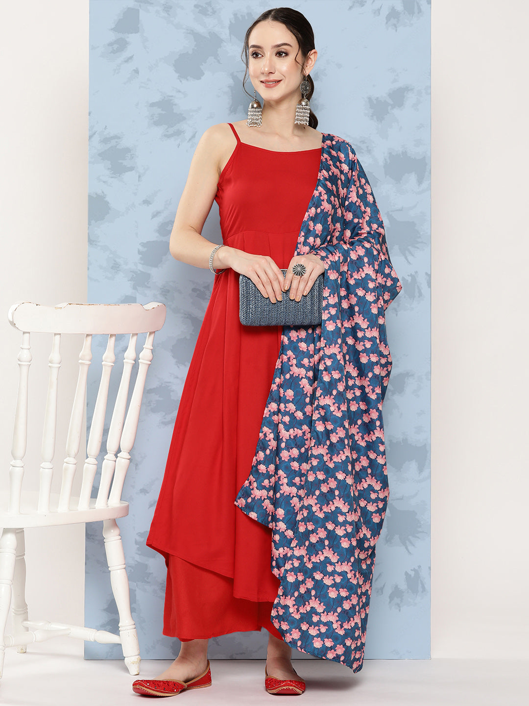 InWeave Women's Red Strappy Set W Navy Pink Lotus Cr Duptta - Swadesiicart