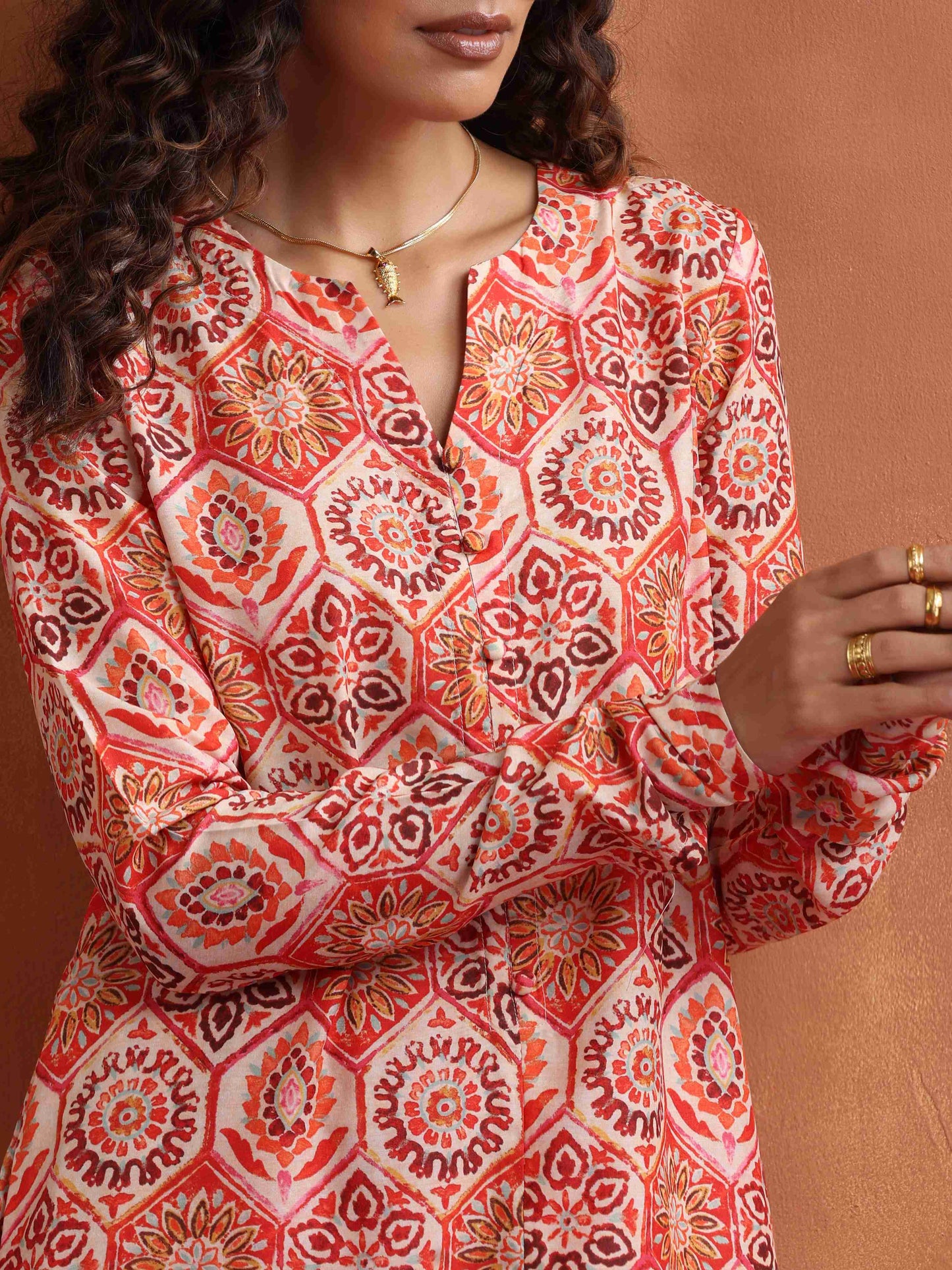 trueBrowns Beige Print Kurta Co-ord Set - Swadesiicart
