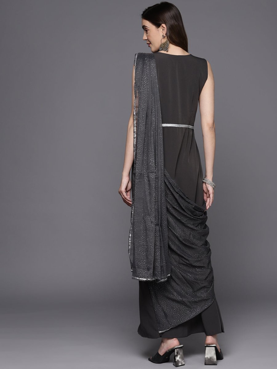 Ahalyaa Abstract Print Layered Crepe Ethnic Dress | Swadesiicart
