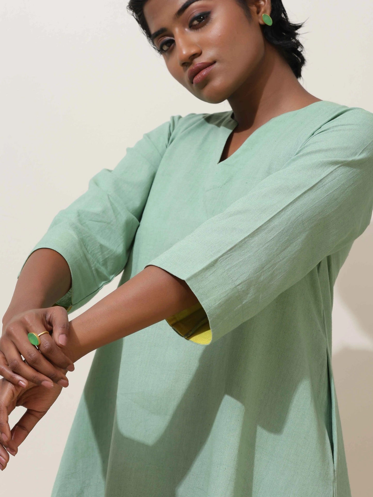trueBrowns Mint Green Cotton Linen Kurta Co-Ord Set - Swadesiicart