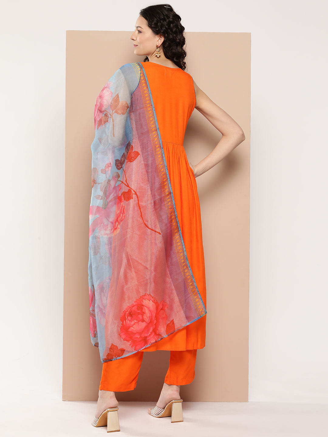 InWeave Women's Orange Mirror Work Aline Strappy Kurta Set Blue Fuchsia Or Dupatta - Swadesiicart