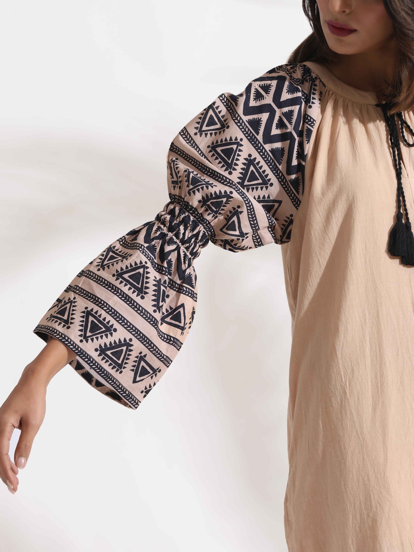 trueBrowns Beige Cotton Print Long Dress | Swadesiicart
