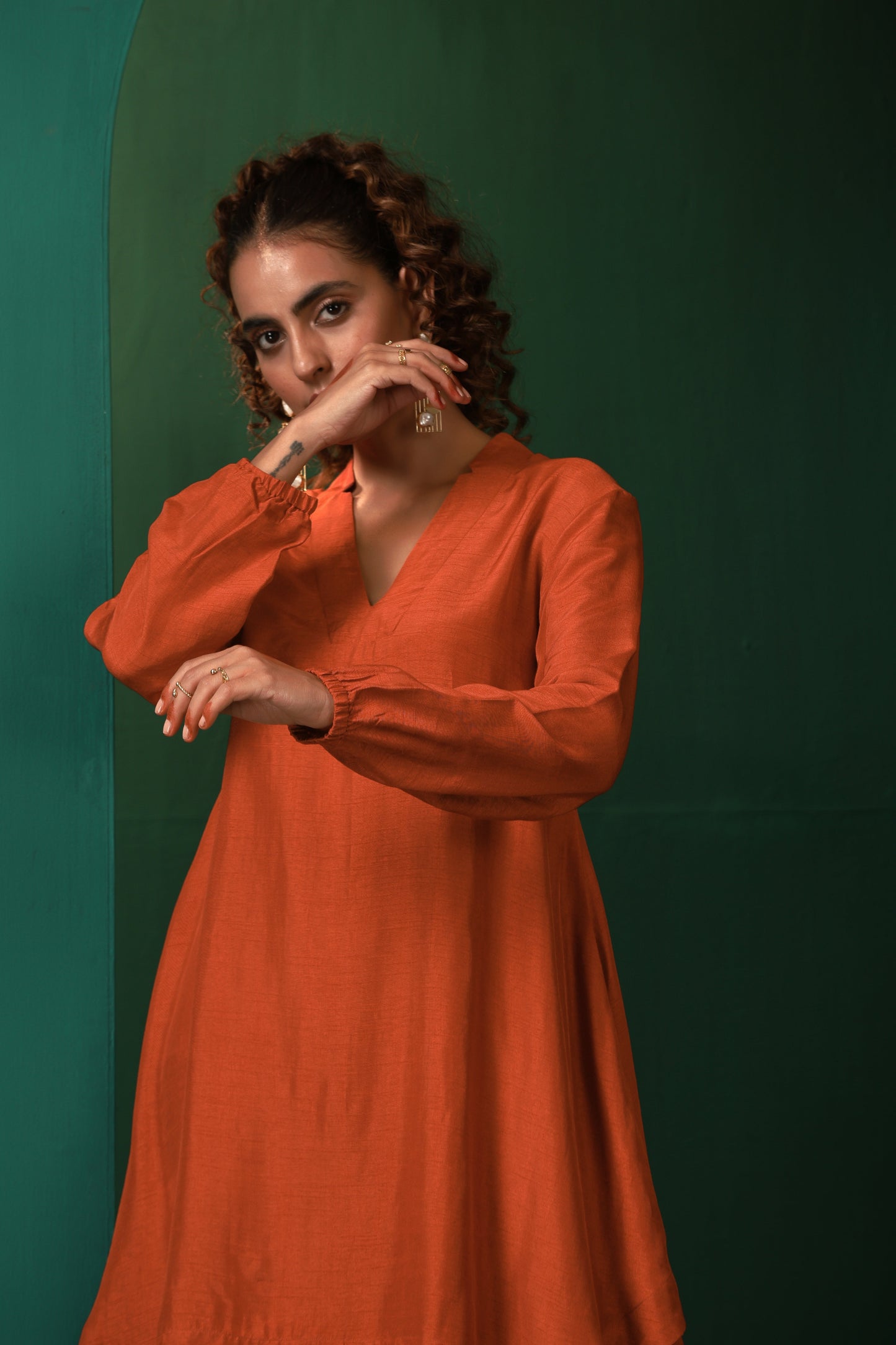 trueBrowns Rust Silk Collar Co-ord Set - Swadesiicart