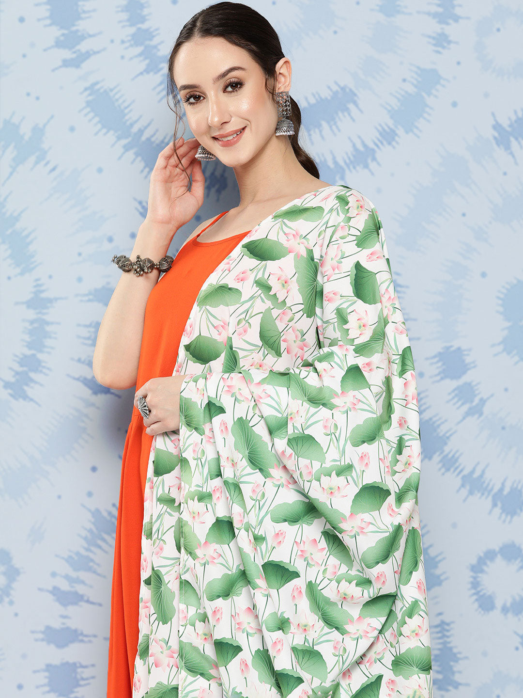 InWeave Women's Orange Strappy Set W White Pink Lotus Cr Duptta - Swadesiicart