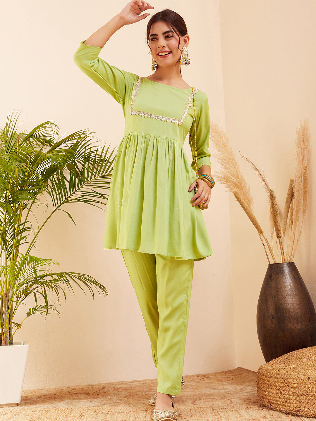 InWeave Women's Pear Green Round Neck Square Gota Work Kurta Pant Set - Swadesiicart