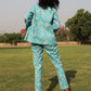 trueBrowns Turquoise Cotton Block Print Pant Suit Set | Swadesiicart