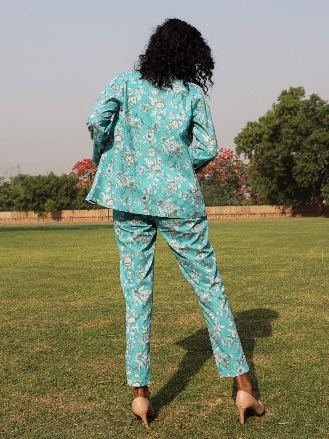 trueBrowns Turquoise Cotton Block Print Pant Suit Set | Swadesiicart