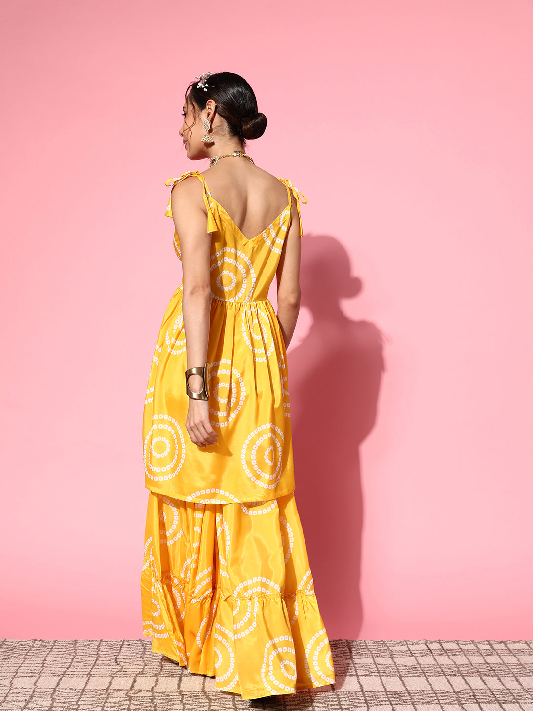 InWeave Women's Yellow Bandhani Motif Shoulder Tie Up Kurta Set - Swadesiicart