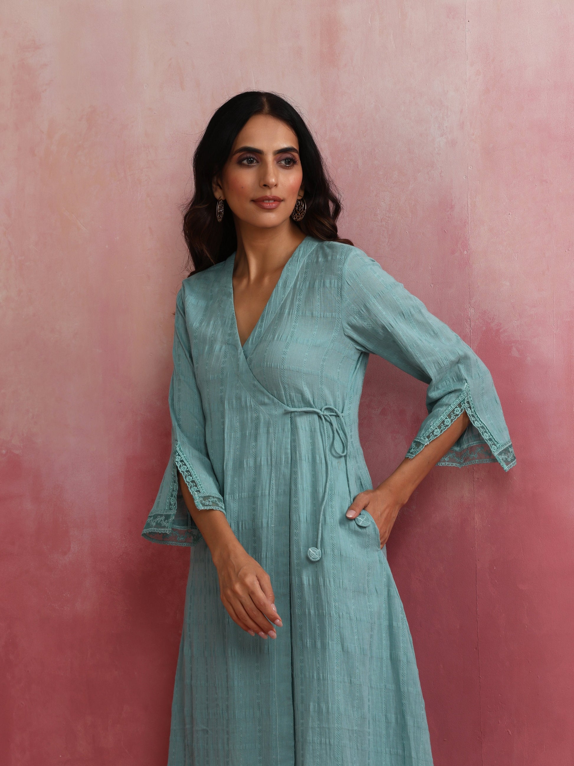 trueBrowns Aqua Blue Cotton Dobby Angrakha Kurta Set | Swadesiicart